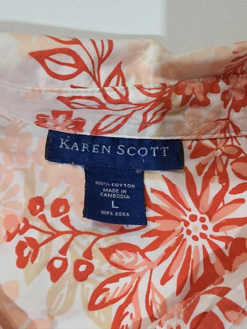 Karen Scott Button Down Shirt Womens Large Cream Pink Orange Floral Resortwear